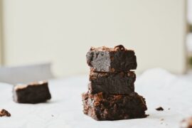 3 brownies stacked up with a white background